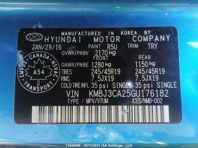 KM8J3CA25GU176182 Hyundai Tucson Limited