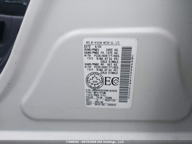11849342 :رقم المزاد ، JN8AS58V29W182505 vin ، 2009 Nissan Rogue Sl مزاد بيع