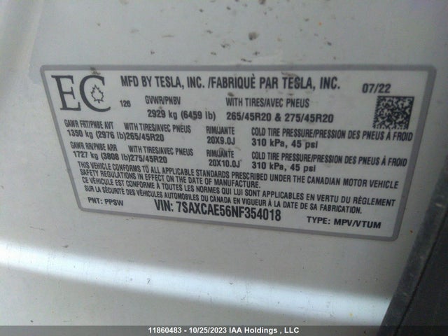 7SAXCAE56NF354018 Tesla MODEL X