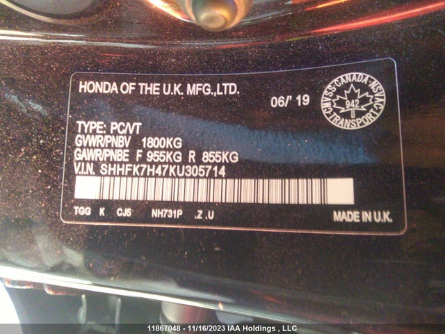SHHFK7H47KU305714 Honda l15ba