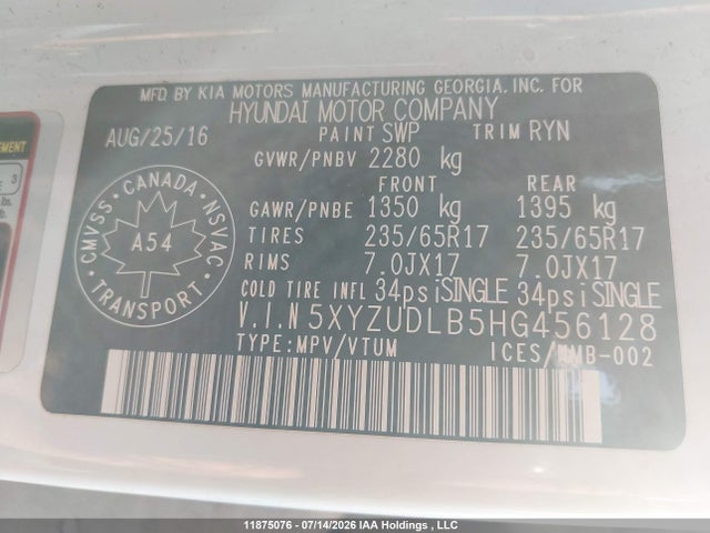 11875076 :رقم المزاد ، 5XYZUDLB5HG456128 vin ، 2017 Hyundai Santa Fe Sport Luxury مزاد بيع