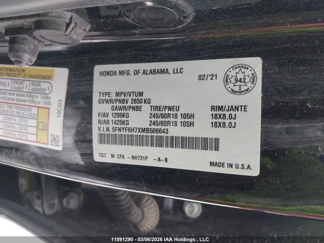 5FNYF6H7XMB506643 Honda Pilot