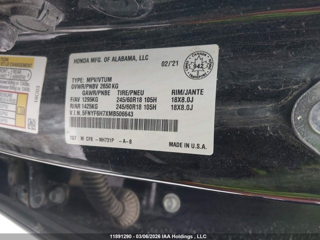 5FNYF6H7XMB506643 Honda Pilot