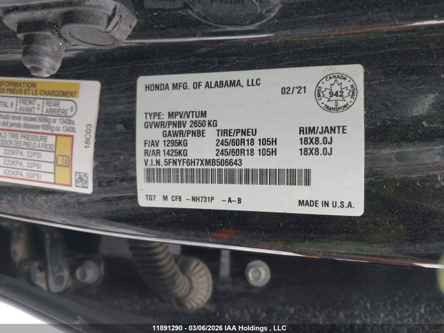 5FNYF6H7XMB506643 Honda Pilot