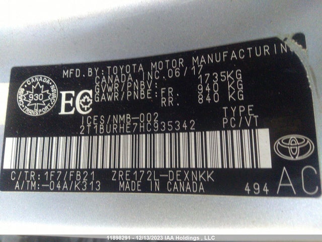 11898291 :رقم المزاد ، 2T1BURHE7HC935342 vin ، 2017 Toyota Corolla مزاد بيع