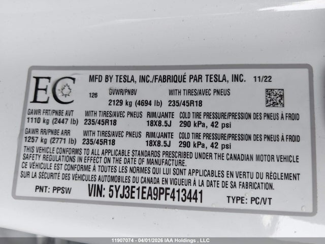 11907074 :رقم المزاد ، 5YJ3E1EA9PF413441 vin ، 2023 Tesla Model 3 مزاد بيع