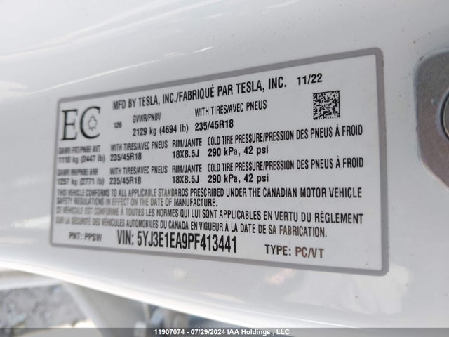 11907074 :رقم المزاد ، 5YJ3E1EA9PF413441 vin ، 2023 Tesla Model 3 مزاد بيع