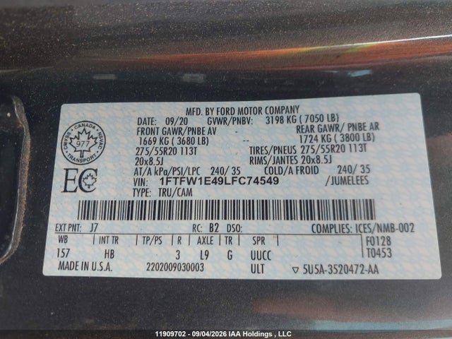Aukcja sprzedaży 2020 Ford F-150 Lariat, vin: 1FTFW1E49LFC74549, numer aukcji: 11909702