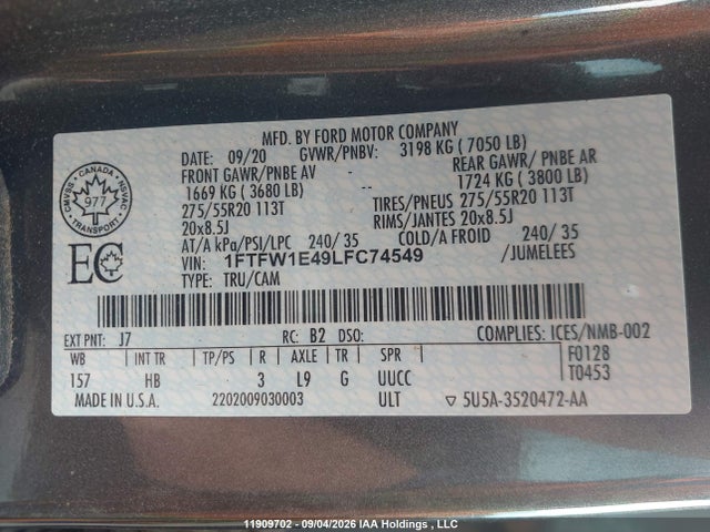 Aukcja sprzedaży 2020 Ford F-150 Lariat, vin: 1FTFW1E49LFC74549, numer aukcji: 11909702