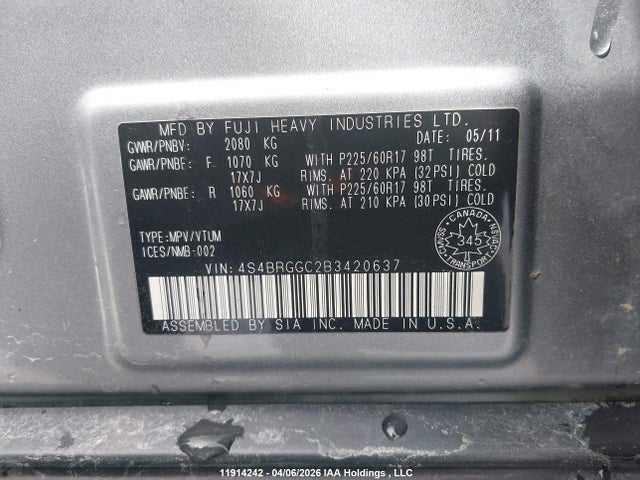 Aukcja sprzedaży 2011 Subaru Outback 2.5i Premium, vin: 4S4BRGGC2B3420637, numer aukcji: 11914242