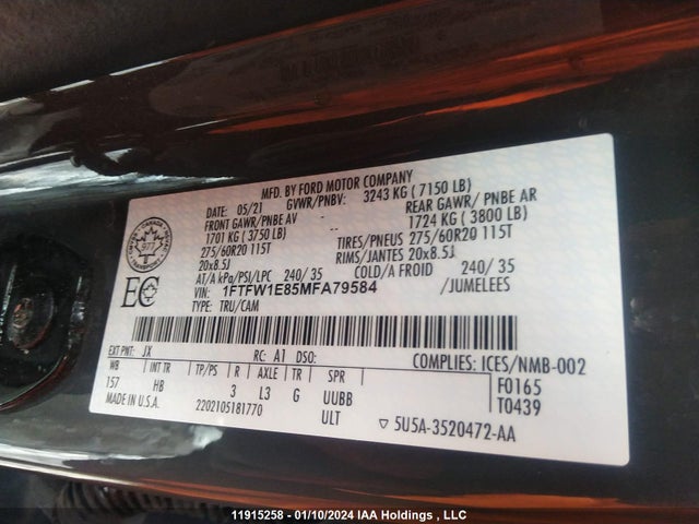 11915258 :رقم المزاد ، 1FTFW1E85MFA79584 vin ، 2021 Ford F-150 مزاد بيع