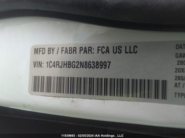 11939665 :رقم المزاد ، 1C4RJHBG2N8638997 vin ، 2022 Jeep Grand Cherokee Limited مزاد بيع