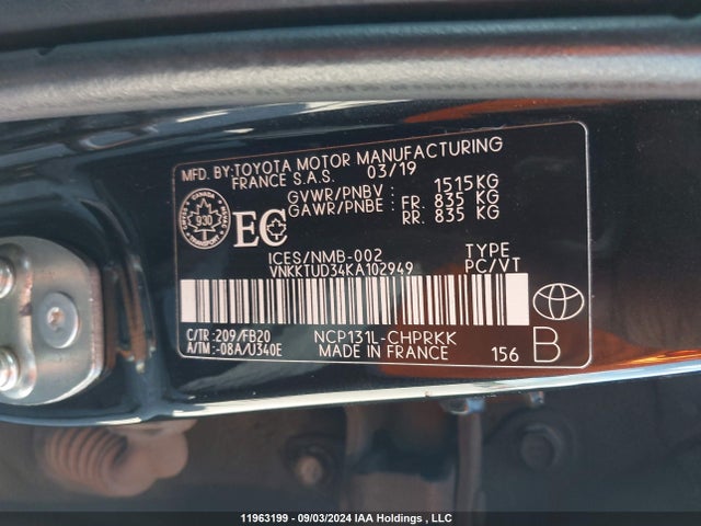 VNKKTUD34KA102949 Toyota 1nz-fe
