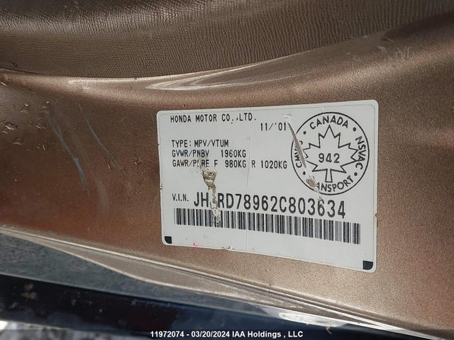 Aukcja sprzedaży 2002 Honda Cr-v Ex, vin: JHLRD78962C803634, numer aukcji: 11972074