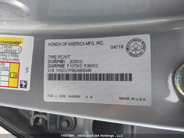 Продаж на аукціоні авто 2018 Honda Accord Sedan, vin: 1HGCV1F98JA806448, номер лоту: 11975881