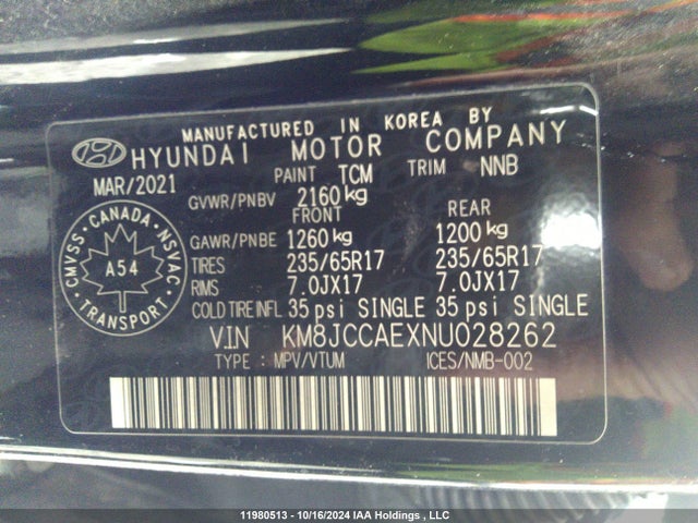 KM8JCCAEXNU028262 Hyundai gdi theta iii