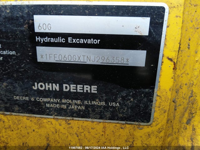 2022 John Deere John Deere მანქანა იყიდება აუქციონზე, vin: 1FF060GXTNJ296358, აუქციონის ნომერი: 11987082