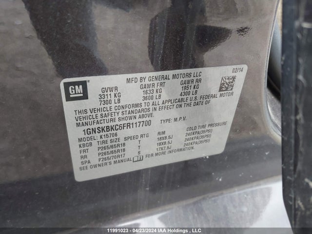 11991023 :رقم المزاد ، 1GNSKBKC6FR117700 vin ، 2015 Chevrolet Tahoe Lt مزاد بيع