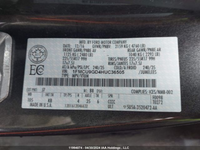 1FMCU9GD4HUC36505 Ford Escape