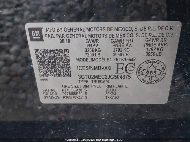 3GTU2MEC2JG504875 GMC Sierra K1500 Sle