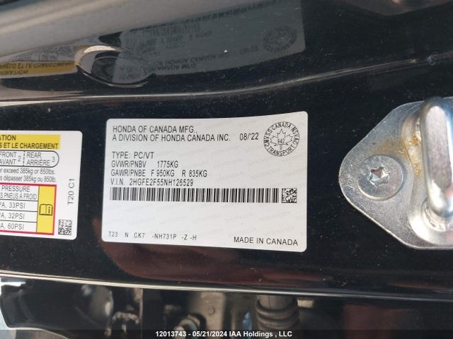 Продажа на аукционе авто 2022 Honda Civic Sedan, vin: 2HGFE2F55NH126529, номер лота: 12013743