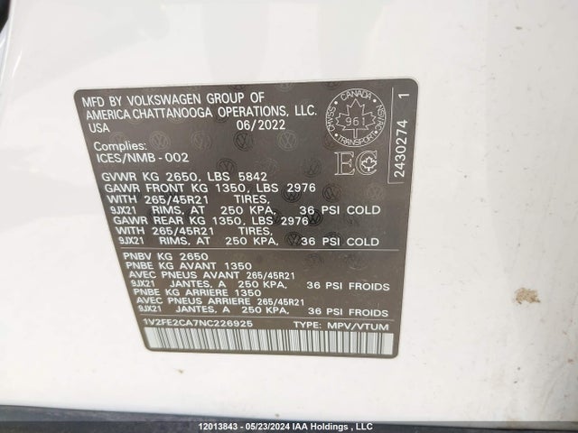 Aukcja sprzedaży 2022 Volkswagen Atlas Cross Sport, vin: 1V2FE2CA7NC226925, numer aukcji: 12013843