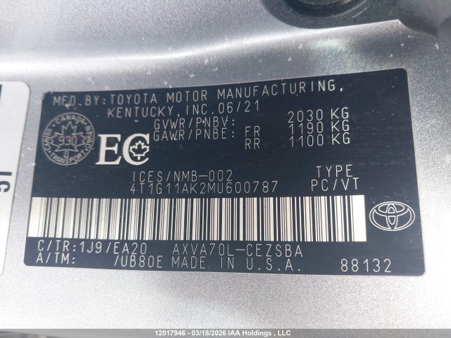 4T1G11AK2MU600787 Toyota Camry Se/se Night Shade