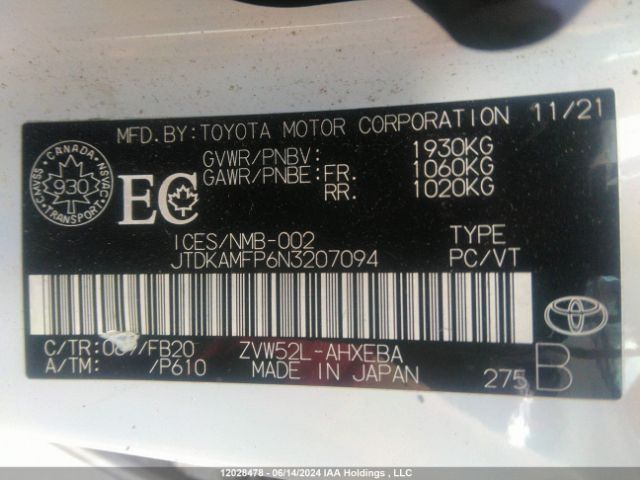 JTDKAMFP6N3207094 Toyota 2zr-fxe, 1nm+1sm