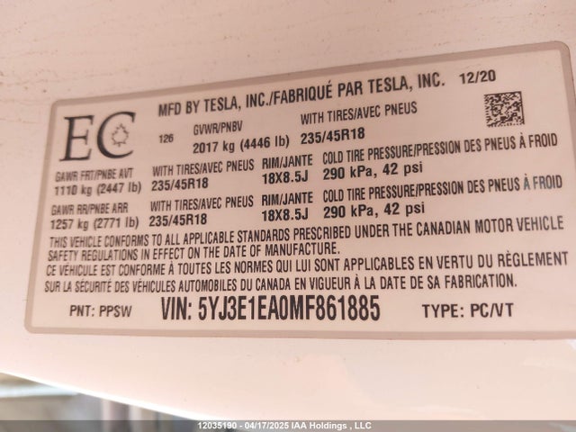 Продаж на аукціоні авто 2021 Tesla Model 3, vin: 5YJ3E1EA0MF861885, номер лоту: 12035190
