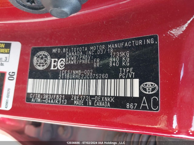 2T1BURHE2JC075260 Toyota 2zr-fe