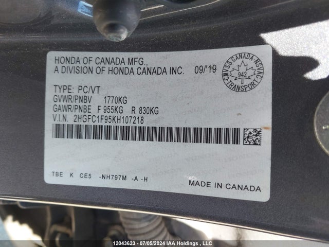 Honda l15b7/l15by 2019 2HGFC1F95KH107218 Image 9