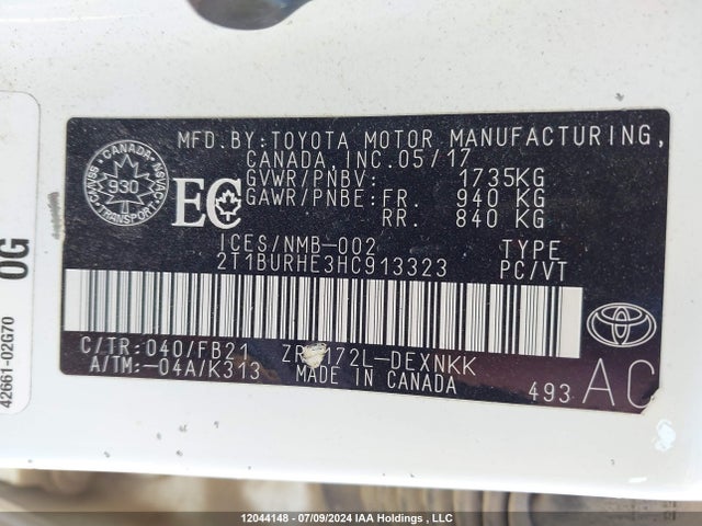 2T1BURHE3HC913323 Toyota 2zr-fe