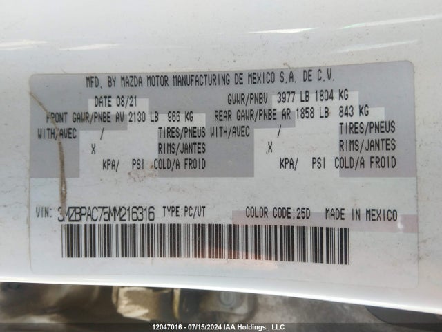 3MZBPAC75MM216316 Mazda MAZDA3