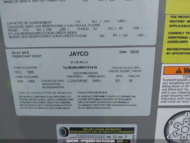 1UJBJ0AJ9N17A1419 Jayco 2022