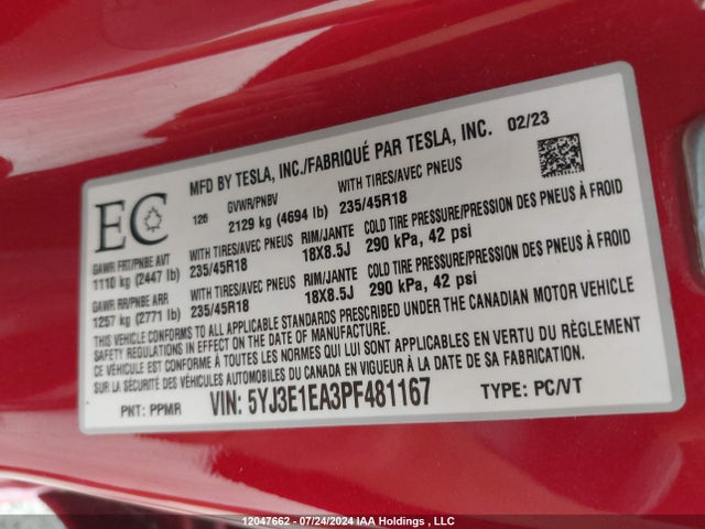5YJ3E1EA3PF481167 Tesla MODEL 3