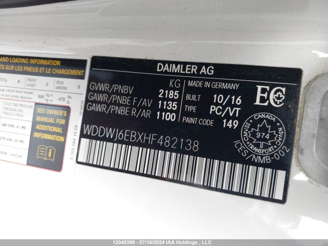 12048399 :رقم المزاد ، WDDWJ6EBXHF482138 vin ، 2017 Mercedes-benz C 43 4mati Amg مزاد بيع