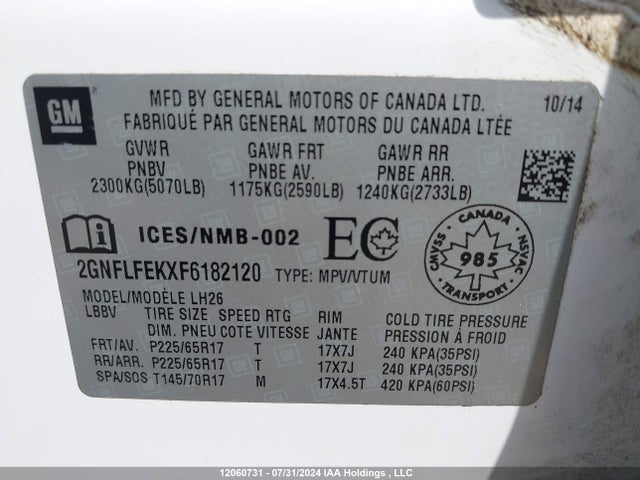 2GNFLFEKXF6182120 Chevrolet lea - flex fuel (gas/alc), aluminum, ho,