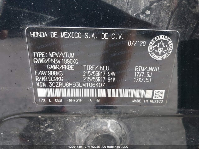3CZRU6H93LM106407 Honda r18z9