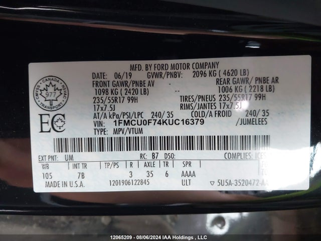 1FMCU0F74KUC16379 Ford ESCAPE S