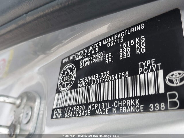 VNKKTUD37FA054756 Toyota 1nz-fe