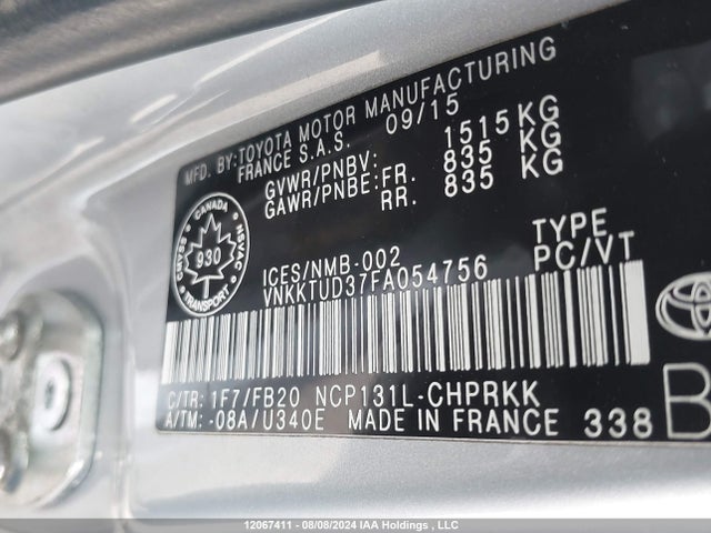 VNKKTUD37FA054756 Toyota 1nz-fe