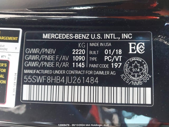 2018 Mercedes-benz C-class მანქანა იყიდება აუქციონზე, vin: 55SWF8HB4JU261484, აუქციონის ნომერი: 12069476