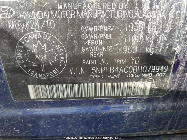 Продаж на аукціоні авто 2011 Hyundai Sonata Gls, vin: 5NPEB4AC0BH079949, номер лоту: 12070596