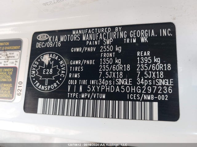 5XYPHDA50HG297236 KIA Sorento