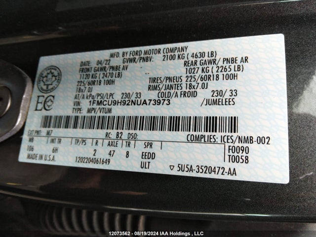 1FMCU9H92NUA73973 Ford gtdi 240ps
