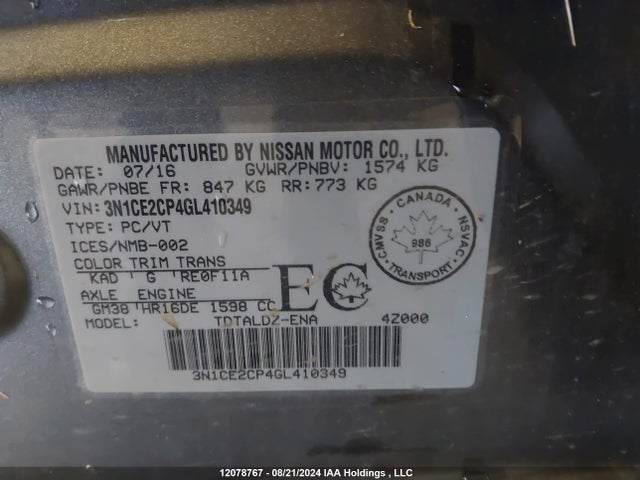 Nissan Versa Note S/s Plus/sv/sl/sr 2016 3N1CE2CP4GL410349 Image 9