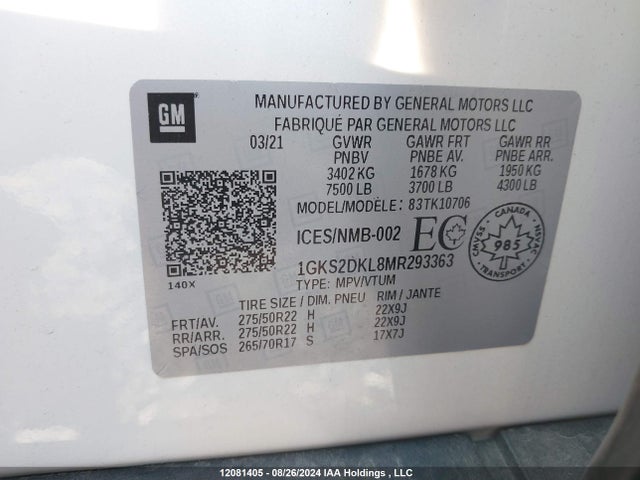 Aukcja sprzedaży 2021 Gmc Yukon, vin: 1GKS2DKL8MR293363, numer aukcji: 12081405
