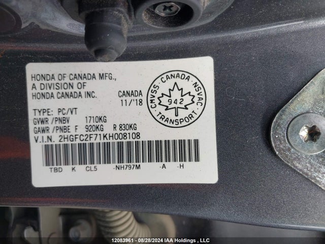 Honda k20c2 2019 2HGFC2F71KH008108 Image 9