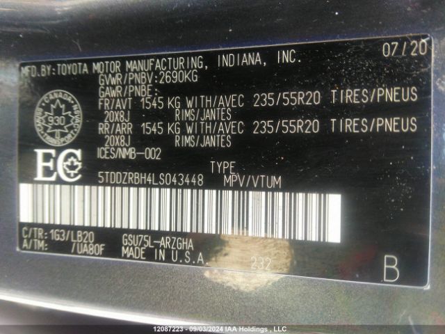 5TDDZRBH4LS043448 Toyota 2gr-fks