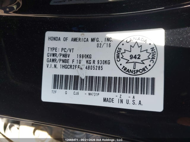 Aukcja sprzedaży 2016 Honda Accord Sedan, vin: 1HGCR2F60GA805285, numer aukcji: 12088471